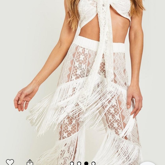 NWT BOOHOO white fringe swimsuit cover up co ord set beachwear - size medium - Picture 3 of 4